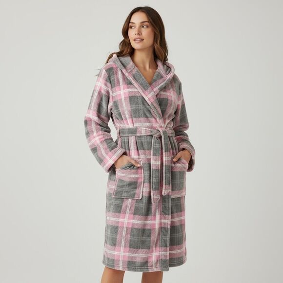 PJ Couture Pink Gray & White Plaid extra Soft wrap Robe with pockets size s/M - Picture 1 of 11